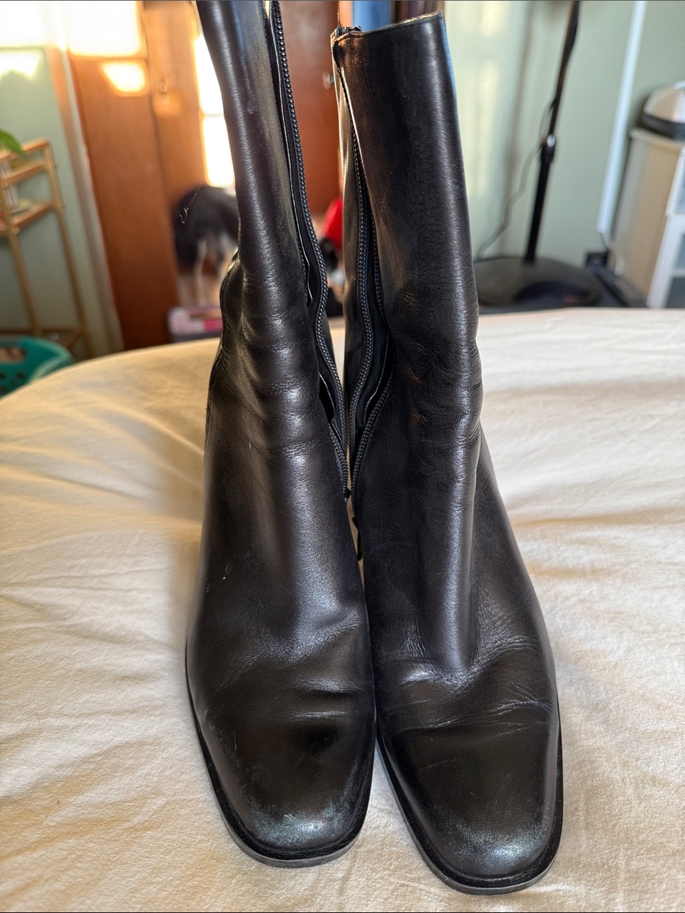 Nine West Black Leather Mid-Calf Block Heel Zip-Up Boots